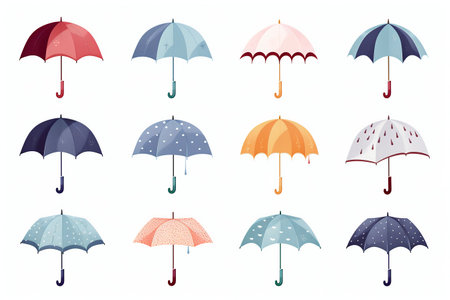Collection of Cartoon Umbrellas on White Background. Generative AI. High quality illustrationの素材
