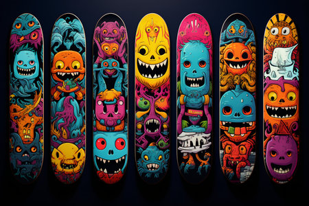 Collection of Printed Skateboards on Black Background. Generative AI. High quality illustrationの素材