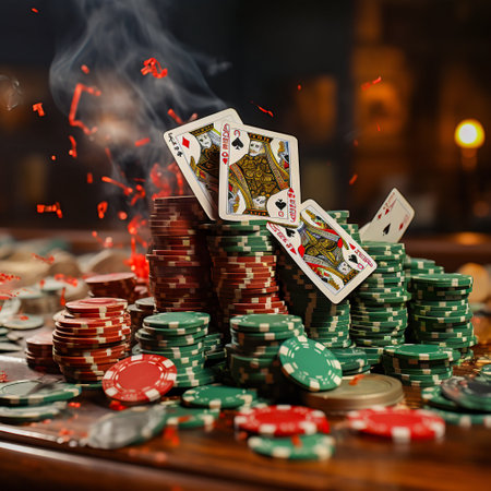 Falling Playing Cards on Table with Chips, Casino Background. Generative AI. High quality illustrationの素材