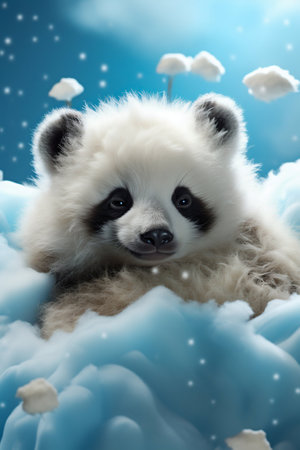 Cute Furry Baby Panda Sleeping on a Flying Cloud. Generative AI. High quality illustrationの素材