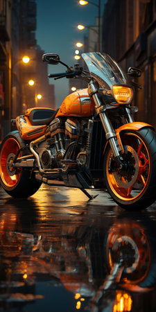 Motorcycle on City Street Background with Reflection in Water at Sunset. Generative AI. High quality illustrationの素材