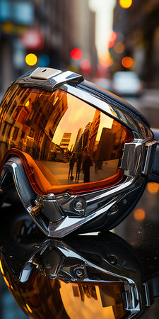 Motorcycle Mask with Water Reflection on City Background. Generative AI. High quality illustrationの素材