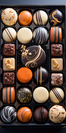 View from top luxury candy box with Belgian chocolate candies. Generative AI. High quality illustrationの素材