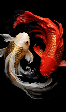Side view Tai Chi Yin Yang fish, a red carp, and a black carp, oriental mysticism. Generative AI. High quality illustrationの素材