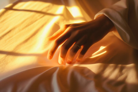 Girl's hand in white sheets in the sun. Generative AI. High quality illustrationの素材