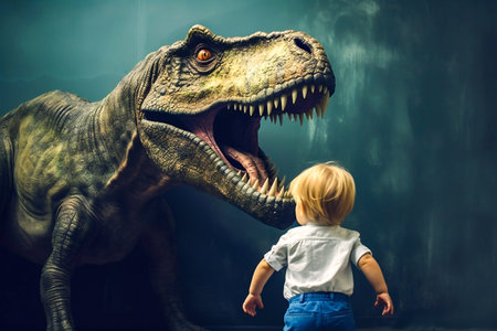 The boy is playing dinosaur, T-rex. Generative AI. High quality illustrationの素材