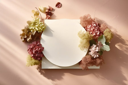 A blank white place, template surrounded by flowers and foliage. Generative AI. High quality illustrationの素材