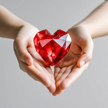 Red heart crystal in hands on white background. Generative AI. High quality illustrationの素材