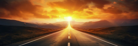 Road to sunset. A Journey towards Dusk. Generative AI. High quality illustrationの素材