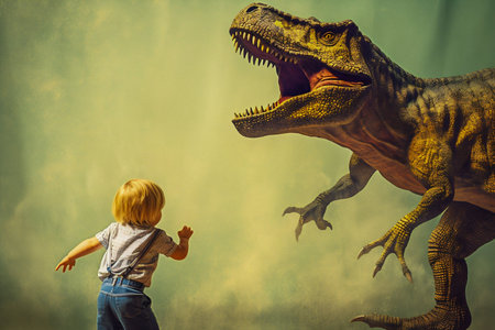 The boy is playing dinosaur, T-rex. Generative AI. High quality illustrationの素材