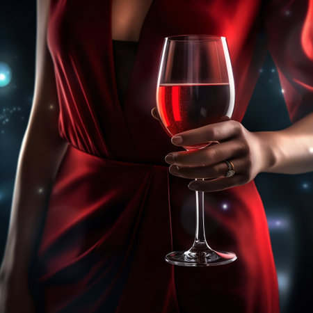 Close-up girl holding a glass in a chic red dress. Generative AI. High quality illustrationの素材