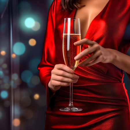 Close-up girl holding a glass in a chic red dress. Generative AI. High quality illustrationの素材