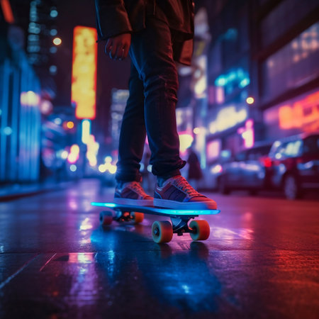 Close up shot of a person's legs on a skateboard, city at night. Generative AI. High quality illustrationの素材