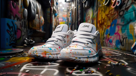 Sneakers in paint on graffiti background. Generative AI. High quality illustrationの素材