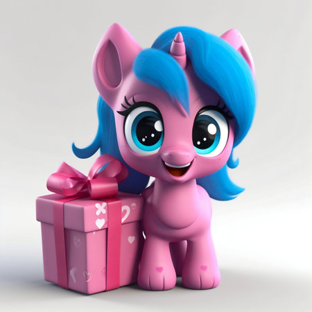 Super Cute Cartoon pony with Gift Box. Generative AI. High quality illustrationの素材