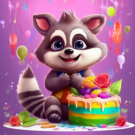 Super Cute Cartoon Raccoon Holding a Celebration Cake. Generative AI. High quality illustrationの素材