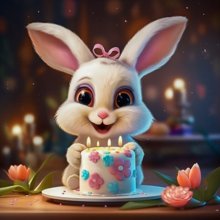 Super cute little baby white rabbit with celebration cake. Generative AI. High quality illustrationの素材