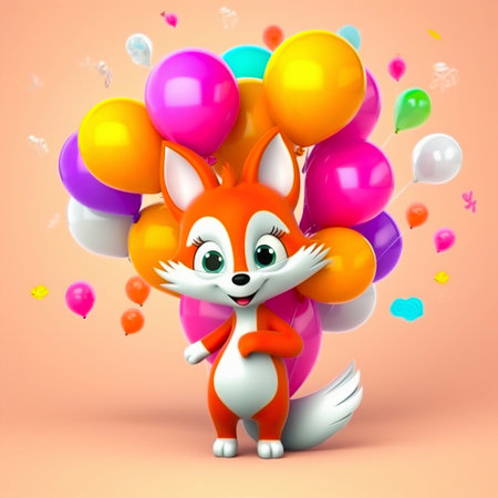 Super cute smiling baby fox with balloons, wearing glasses on solid background. Generative AI. High quality illustrationの素材