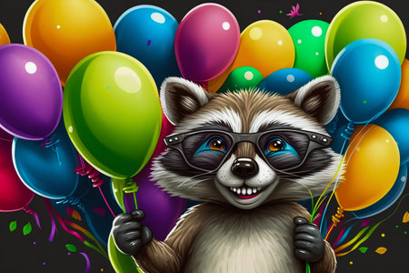 Cartoon baby racoon smiled and holds colored balloons. Generative AI. High quality illustrationの素材
