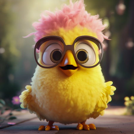 Super yellow cute smiling Chicken, wearing glasses on solid background. Generative AI. High quality illustrationの素材