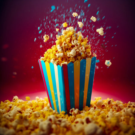 A burst of colorful, sweet popcorn on bright background. Generative AI. High quality illustrationの素材