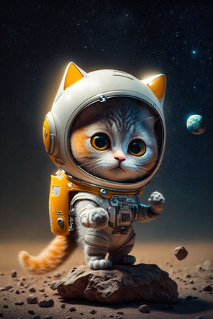 Funny adorable standing baby cat, dressed as an astronaut on the moon. Generative AI. High quality illustrationの素材