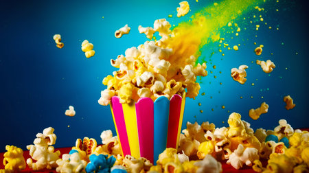 A burst of colorful, sweet popcorn on bright background. Generative AI. High quality illustrationの素材