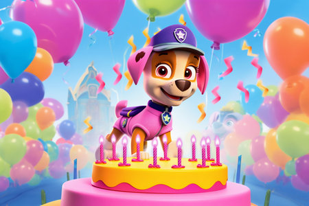Dog Skye from Paw Patrol with balloons and birthday cake. Paw patrol Skye happy birthday card. Generative AI. High quality illustrationの素材