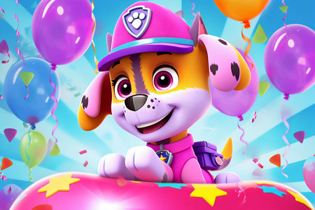 Dog Skye from Paw Patrol with balloons and birthday cake. Paw patrol Skye happy birthday card. Generative AI. High quality illustrationの素材