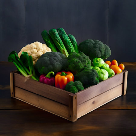 Colorful vegetables in a wooden box. Delivery of vegetables. Generative AI. High quality photoの素材