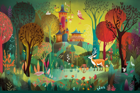 Whimsical illustration of a magical forest, filled with vibrant colors and fantastical creatures. Generative AI. High quality illustrationの素材