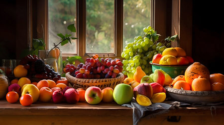 A colorful still life of fruits and vegetables arranged on a rustic wooden table. Generative AI. High quality illustrationの素材