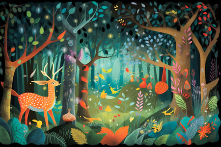 Whimsical illustration of a magical forest, filled with vibrant colors and fantastical creatures. Generative AI. High quality illustrationの素材