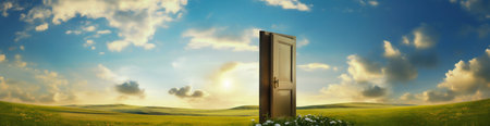 Door in a green field on a sunny day. Generative AI. High quality illustration