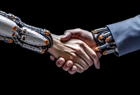 Close up of robots handshake. Generative AI. High quality illustrationの素材