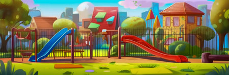 Playground park in kindergarten cartoon summer landscape background. Generative AI. High quality illustrationの素材