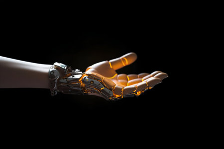 Robotic hand on black background. Generative AI. High quality illustrationの素材