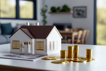 Miniature modern house, close up with gold coins. Generative AI. High quality illustrationの素材