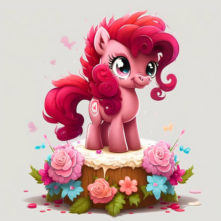 Invitation card with a little pink pony and a birthday cake. Generative AI. High quality illustrationの素材