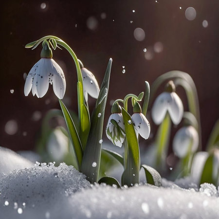 Flower snowdrops growing in forest in spring closeup, natural background. Generative AI. High quality illustrationの素材
