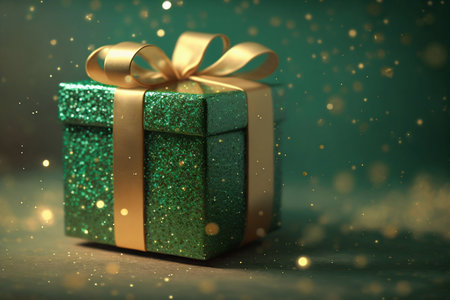 Gift box with ribbon, glitter green background. Generative AI. High quality illustrationの素材