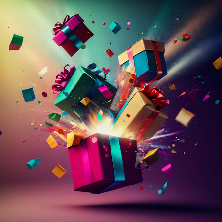 Exploding colorful gift boxes tide with ribbons creative background and copy space. Generative AI. High quality illustrationの素材