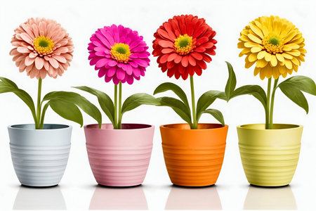 Flowers zinnia in little saturated pot isolated on white background. Generative AI. High quality illustrationの素材