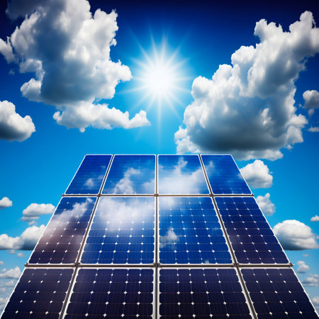 Solar panels stands on green field. Generative AI. High quality illustrationの素材