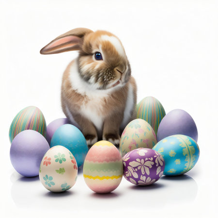 Easter bunny, easter eggs on white background.Generative AI. High quality illustrationの素材