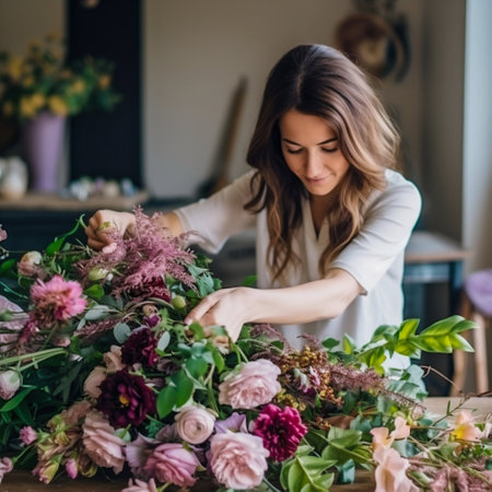 Florist Arranging a Bouquet with Delicate Orchids and Roses. Generative ai. High quality illustrationの素材