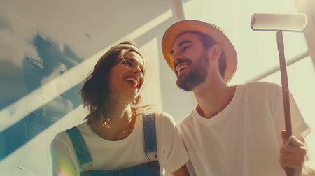 Happy Young Couple Having Fun While Painting Their New Home. Generative ai. High quality illustrationの素材