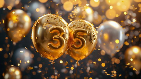 Celebrating 35th Milestone with Golden Balloons and Confetti. Generative ai. High quality illustrationの素材