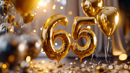 Celebrating 65th Milestone with Golden Balloons and Confetti. Generative ai. High quality illustrationの素材