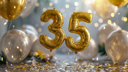 Celebrating 35th Milestone with Golden Balloons and Confetti. Generative ai. High quality illustrationの素材